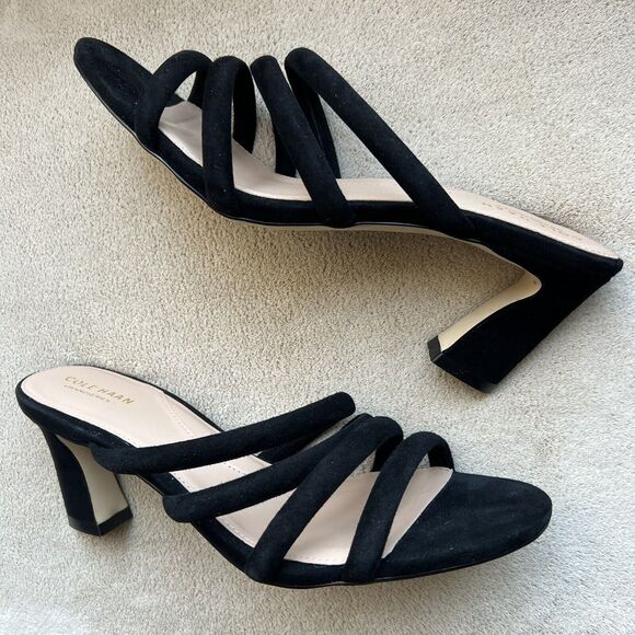 Cole Haan Adella Black Suede Strappy Heeled Slip On Sandal Shoes Women’s 10 B - Picture 1 of 16